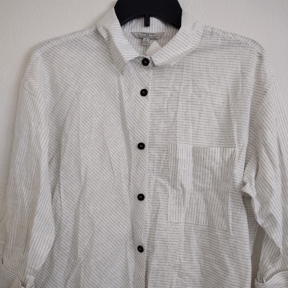 Hester & Orchard Linen Cotton Blend Striped White Blue Button-Up Shirt Small - Picture 2 of 13
